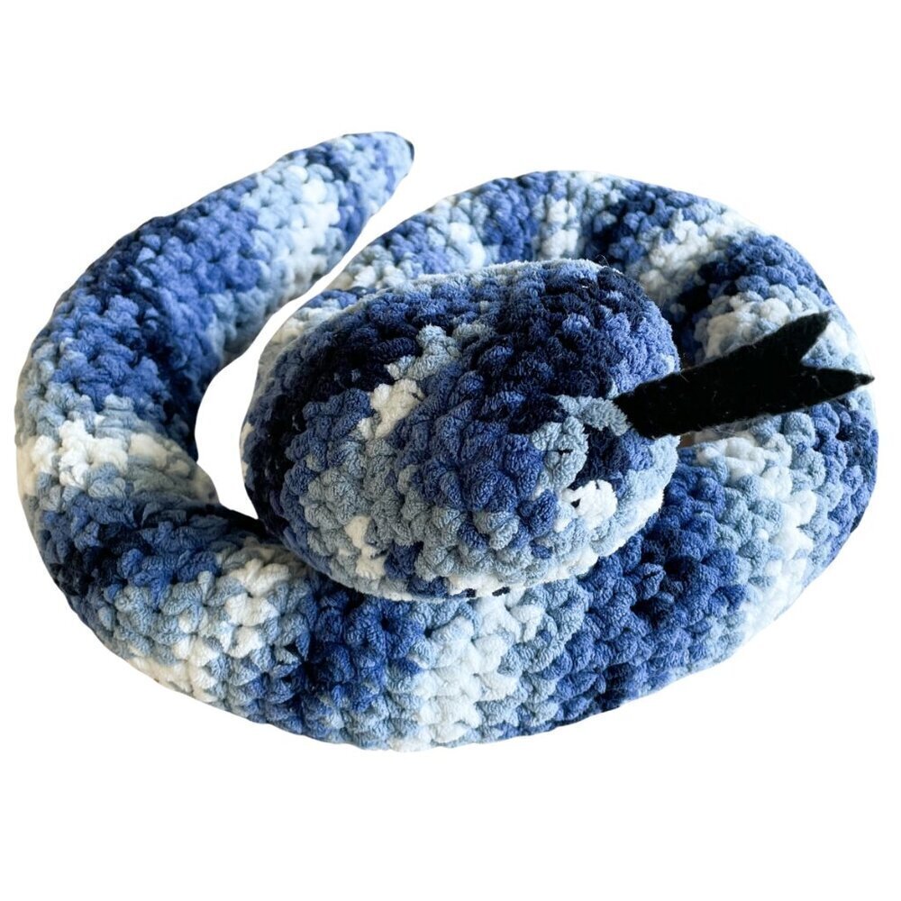 4' Long Blue & White Hand Crocheted Snake Plushie Plush Stuffed Animal Toy